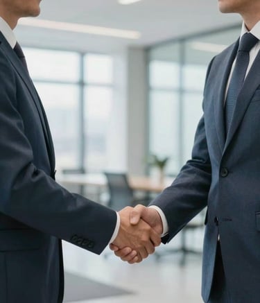 Two professionals shaking hands in a bright, modern North American / Quebecois corporate building. The scene uses colors like Slate Blue and Dusty Blue to convey trust and reliability.