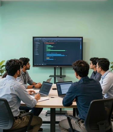 A group of professional software developers in a modern South Asian / Bangladeshi co-working space in Dhaka. They are engaged in a collaborative discussion around a large screen. The environment features minty green walls and professional attire.