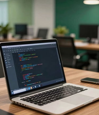 A close-up shot of a professional workspace in a modern South Asian / Bangladeshi office. A high-end laptop is open on a wooden desk, showing code on the screen. In the background, soft-focus seaweed green and dark forest green office decor is visible. The lighting is bright and professional.