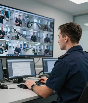 A professional security technician in the UK, dressed in a navy blue uniform, focused on a wall-mounted digital security monitor displaying multiple sharp CCTV camera feeds in a modern control room. The lighting is clean and cool-toned, emphasizing high-tech reliability.
