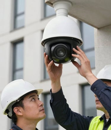 An outdoor action shot of a professional engineer installing a sophisticated white dome CCTV camera on a modern residential building in the UK. The scene is bright and professional, showcasing precision and care.