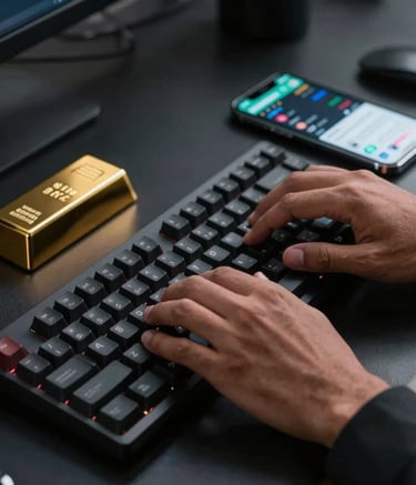 Close-up of hands typing on a mechanical keyboard next to a gold bar and a smartphone showing a trading application. The setting is a professional South Asian workspace with moody, premium lighting and deep black surfaces.