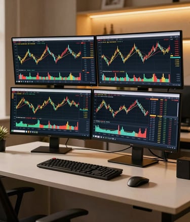 A high-end trading setup in a sleek South Asian home office. Multiple professional monitors display dark-themed candlestick charts for Gold and Forex. Warm gold ambient lighting illuminates a clean, modern desk.