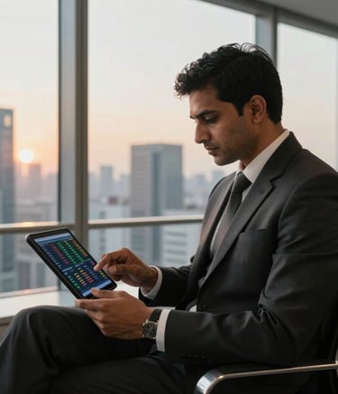 A focused South Asian professional trader in a dark, tailored suit sitting in a high-rise office. He is looking at a tablet showing real-time market data, with the cityscape visible through large windows during the golden hour.
