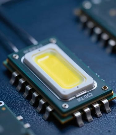 Macro photography of an advanced high-power COB LED module. The chip is mounted on a sleek dark surface, with its yellow phosphor surface gleaming under professional laboratory studio lighting. The background is a blurred navy blue technological environment.