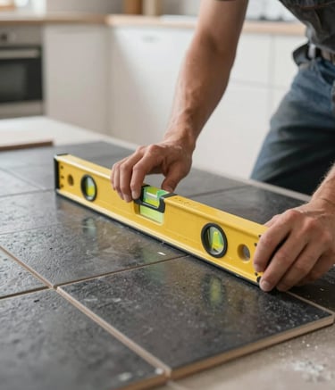 A close-up photograph of a professional tiler's hands using a spirit level to check the alignment of large dark charcoal porcelain floor tiles in a modern North American kitchen, bright and clean natural lighting, soft focus on the background.