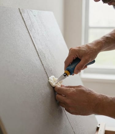 An action shot of a skilled craftsman applying adhesive to the back of a large grey tile in a bright, modern interior setting, focus on the texture of the materials and the precision of the movement, North American home setting.
