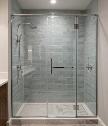 Professional architectural photography of a luxurious walk-in shower featuring light blue grey subway tiles and a stone floor, sophisticated North American bathroom design, soft elegant lighting, wide angle view.