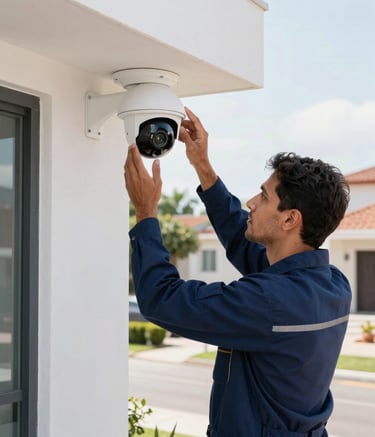 Professional South American / Brazilian technician in a navy blue work uniform installing a high-tech dome security camera on a clean white wall of a modern residential building. Bright daylight, sharp focus on the installation process, professional tools visible, background shows a suburban Brazilian street scene.