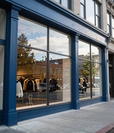 A wide shot of a modern commercial storefront in a Portland neighborhood, featuring large high-end glass windows reflecting a bright Pacific Northwest sky. The building has deep blue architectural accents and clean light gray sidewalks.