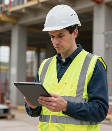 A Northern European construction foreman in high-visibility yellow vest and a white hard hat, holding a tablet on a modern construction site in London. The background shows blurred structural beams, suggesting a strong and professional environment.