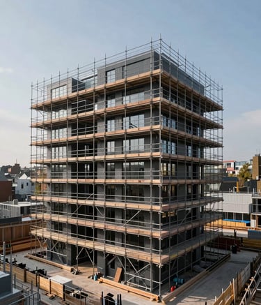 A high-angle architectural photograph of a modern residential renovation project in London. The scene features a clean construction site with a charcoal-colored scaffolding structure against a clear sky. Professional and strong aesthetic.