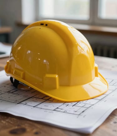 Close-up photography of professional architectural blueprints and a yellow hard hat resting on a dark wooden table. Soft, natural light coming from a window in a Northern European office setting, emphasizing precision and trust.