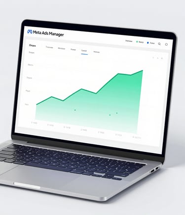 A clean, minimalist 3D mockup of a Meta Ads Manager dashboard on a high-end laptop screen. The screen shows upward-trending green growth lines. The lighting is crisp and modern, featuring the brand's professional blue tones (#33415C) and off-white accents.