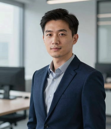 A close-up, professional portrait of a modern media buyer in a high-end, minimalist office. Soft, natural lighting from a window, with a blurred background of a sleek workstation. The color palette includes deep blues (#0A111F) and cool grays (#B0BACF) to convey confidence and authority.