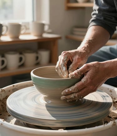 A North American studio setting. Close-up of a potter's hands shaping a soft sage green stoneware bowl on a spinning potter's wheel. Warm afternoon sunlight streaming through a window, illuminating clay dust in the air. Rustic wood shelves lined with unfinished ceramic mugs in the background.