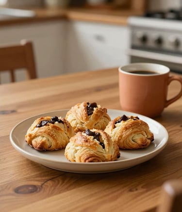 A cozy North American kitchen table set for breakfast. On a warm wooden table sits a hand-thrown warm cream ceramic plate with fresh pastries, alongside a soft terracotta glazed coffee mug. Soft, warm natural morning light, peaceful and slow living mood.