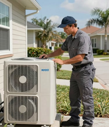 A professional HVAC technician in a clean uniform inspecting a modern outdoor air conditioning unit at a residential North American home. The setting is bright and sunny, representing a typical Florida neighborhood. The style is sharp, clean, and professional photography.