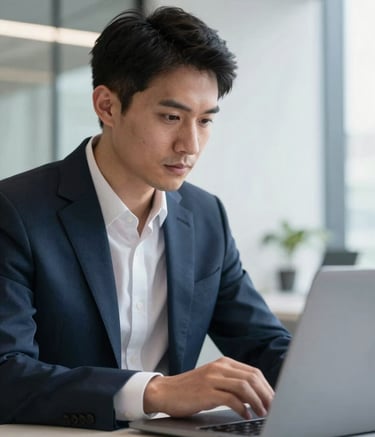 A close-up photograph of a professional IT consultant in a Deep Navy suit, looking focused while working on a thin laptop in a bright, modern office with Steel Gray accents and Soft White walls.