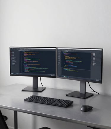 A wide-angle professional photograph of a clean, minimalist workstation featuring dual monitors showing lines of code and data analytics, set against a Soft White wall and a Steel Gray desk.