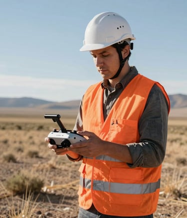 A professional engineer in a white hard hat and an orange safety vest stands in a sunlit field in Bolivia, holding a high-tech drone controller. The background shows a vast landscape under a clear sky. The image has a sharp, technical focus.
