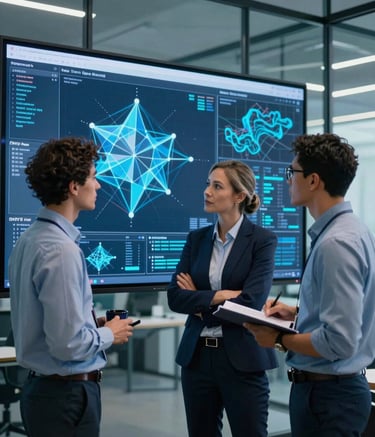 A group of three diverse engineers in professional attire collaborate in a modern, glass-walled office. They are gathered around a large screen displaying complex geometric 3D models and topographical data. The lighting is cool with electric blue and dark navy blue tones.