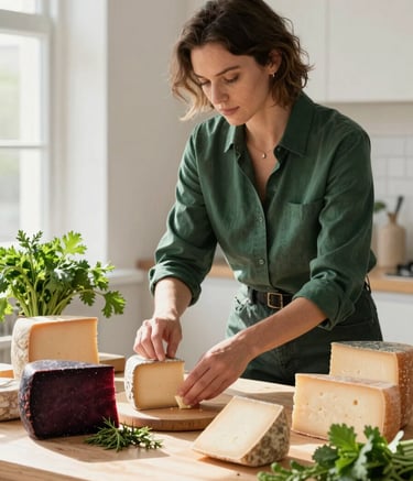 A high-end photography shot of a digital marketing specialist in a bright, modern studio in North American / Western European, meticulously arranging a composition of artisanal cheeses and fresh herbs for a social media photoshoot. Natural light streams from the side, highlighting textures and colors like Deep Ripe Crimson and Matte Forest Green.