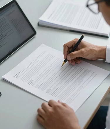 Close-up photography of a professional Latin American researcher's workspace. A pair of hands is carefully organizing high-quality printed academic reports and a modern tablet on a clean surface. Minimalist aesthetic, bright natural daylight, dominated by light gray and charcoal tones.