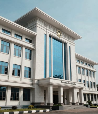 A professional wide shot of a Southeast Asian / Indonesian theological college building exterior, showing a clean, modern architectural design with a clear sky in Samarinda. The scene incorporates soft white stone and slate blue glass windows, conveying a sense of history and authority.