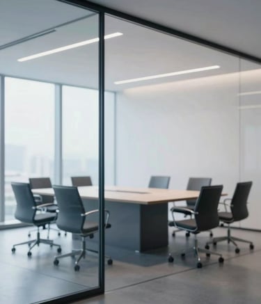 A minimalist, high-end corporate office meeting room with glass walls. A clean, modern environment that reflects professional consulting and strategic partnership. Subtle accents in #0A2239 and #2B6777 colors. Sharp, clear lighting.
