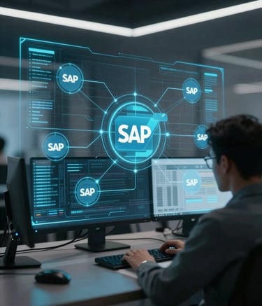 A high-tech digital interface overlaying a professional workspace, showing abstract data connections and SAP-related nodes. Lighting is cinematic and modern, using the brand palette of #2B6777 and #ADC6CC. The mood is cutting-edge and highly efficient.