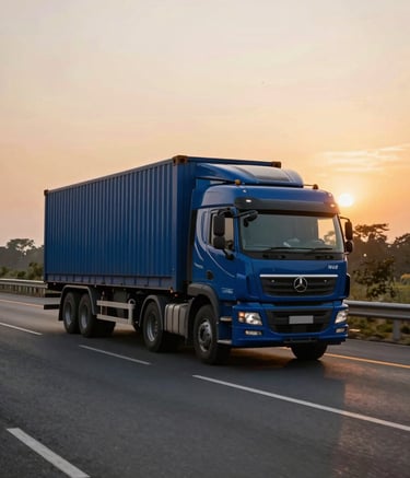 A wide-angle landscape photograph of a modern logistics truck with deep blue accents driving on a well-paved Indian highway during sunset. The lighting is warm and cinematic, symbolizing progress and efficient transportation.