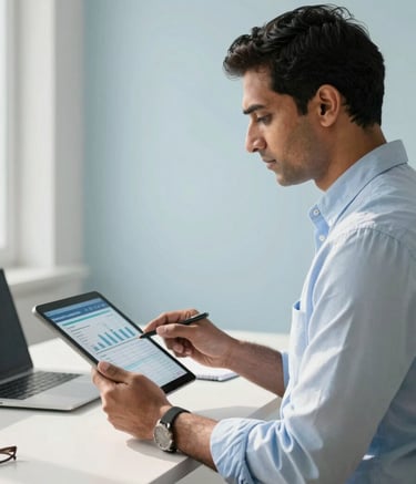 A professional South Asian consultant in a bright, modern office holding a digital tablet showing logistics data. The scene is lit with natural morning light, emphasizing a sense of reliability and expert trust. Minimalist interior with shades of pale blue and off-white.