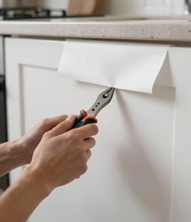 A specialist applying matte white foil to a kitchen cabinet door in a clean, brightly lit Northern European / Dutch home environment. Professional tools and precise technique visible.