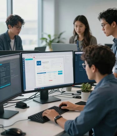 A professional North American office setting where a team of software engineers collaborates around a large monitor showing clean user interface designs. The atmosphere is innovative and bright with natural window light and a sophisticated, modern tech aesthetic. Palette includes deep blue and light grey tones.