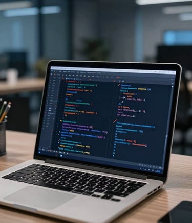 A detail photography shot of a professional programmer's desk in a modern US office. A high-resolution laptop screen displays complex API structures and backend code. The background features soft bokeh of a sophisticated workspace with cool, technological lighting in dark navy and medium blue.