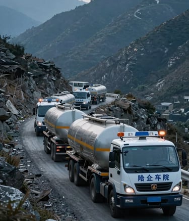 A professional security escort vehicle leading a convoy of industrial tankers through a rugged mountain pass. The atmosphere is authoritative and secure, featuring muted blue and charcoal grey colors. Global / Professional setting.
