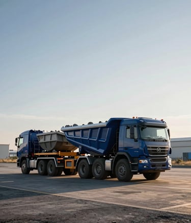 A wide-angle professional photograph of a heavy-duty logistics truck carrying mining equipment across a vast industrial landscape. The lighting is early morning sun, casting long shadows. The color palette features deep navy blue and steel grey tones. Global / Professional setting.