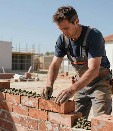 A professional mason in European work attire carefully laying bricks on a new residential project in Portugal. The scene is bright and professional, emphasizing precision and the use of high-quality mortar. The background shows a clean construction site under a clear blue sky.