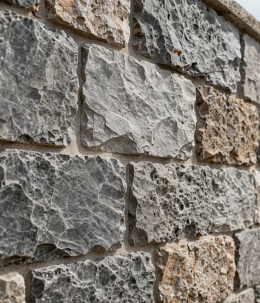 A close-up photograph of a meticulously finished stone wall with clean masonry joints. The lighting is bright and natural, reflecting a clear day in a Portuguese setting. The stones feature shades of slate gray and muted brown, showcasing expert craftsmanship and modern construction techniques.