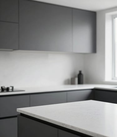 An ultra-modern, minimalist kitchen interior featuring a seamless white quartz countertop and backsplash. The lighting is bright and natural. The palette uses #F8F8F8 and #333333 tones, conveying precision and luxury craftsmanship.