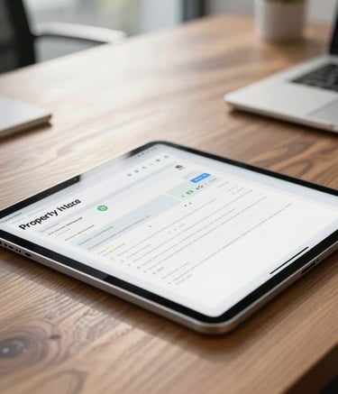 A close-up photograph of a sleek tablet resting on a polished walnut desk in a bright North American office. The tablet displays a clean, professional digital property intake form. The lighting is soft morning sunlight, emphasizing a minimalist and sophisticated workspace.