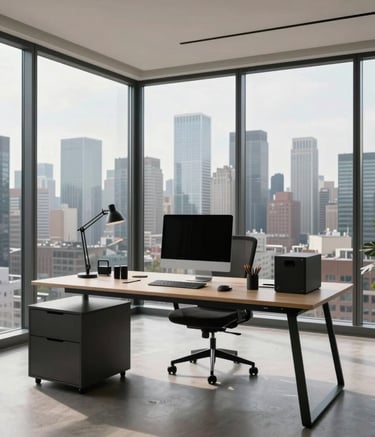 A wide-angle photography shot of a modern, highly organized home office in a high-rise North American apartment. The scene features a minimalist desk, a large floor-to-ceiling window overlooking a city skyline, and premium tech equipment, conveying streamlined efficiency.