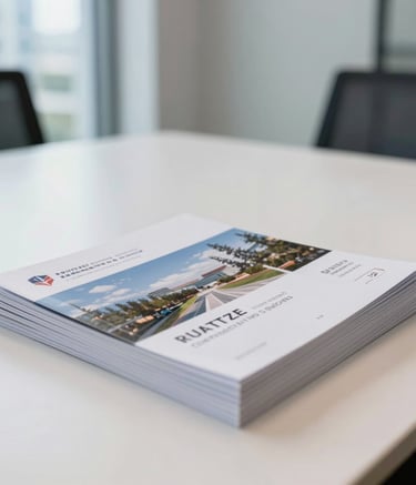 A clean interior photograph of a high-end corporate meeting room in a modern North American office building. The focus is on a neatly organized stack of professional printed real estate guides and booklets on a white table, suggesting quality and reliability.