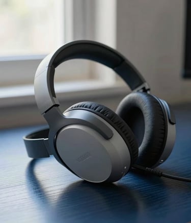 Close-up photography of a sleek, minimalist gaming headset resting on a dark blue wooden desk. Natural light from a nearby window in a North American home. The color palette includes soft grays and deep blues.