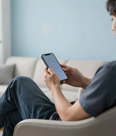 A lifestyle photograph taken in a modern North American living room during the afternoon. A person is comfortably seated in a sleek chair, holding a mobile device. The background is simple and clean with light blue and white tones.