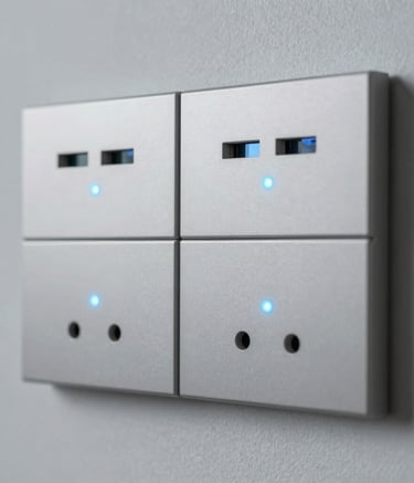 A close-up photograph of a modern, organized smart home electrical interface mounted on a light gray wall. The composition is sharp and grid-aligned, featuring subtle electric blue light indicators and a high-tech feel. North American / US (Florida) setting.