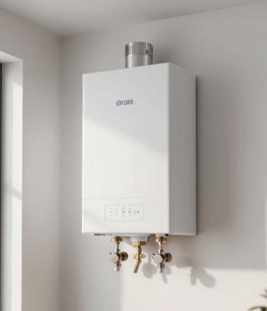 A sleek, wall-mounted modern gas boiler installed on a white wall in a clean utility room. The composition is centered and professional, showcasing modern heating technology in an Est European apartment. Bright, natural lighting.