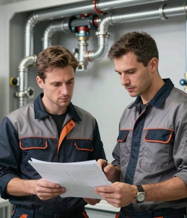 Two professional technicians in branded work attire discussing a technical plan in a modern Romanian utility room. They look confident and reliable. The background shows professional plumbing work with silver pipes.