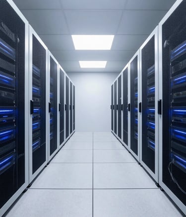 A clean, minimalist server room in North America, with rows of glowing server racks casting a subtle blue light, wide-angle perspective shot, conveying reliability and high-tier infrastructure, in white and dark navy colors.